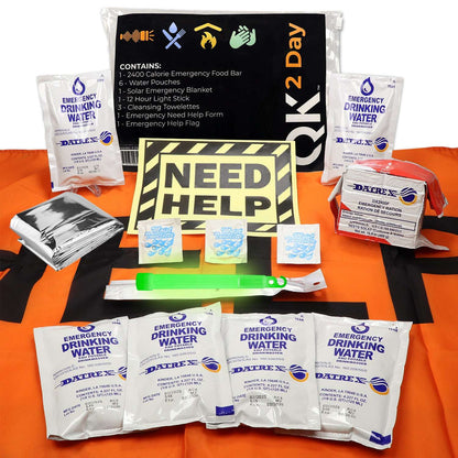 2-day emergency survival kit laid out: NEED HELP sign, water pouches, orange blanket