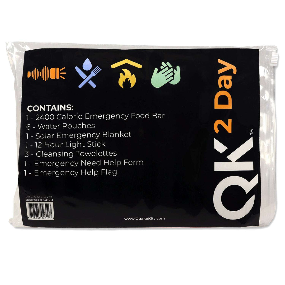 Packaged 2-day emergency survival kit label with contents icons and HELP branding
