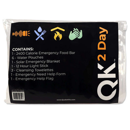 Packaged 2-day emergency survival kit label with contents icons and HELP branding