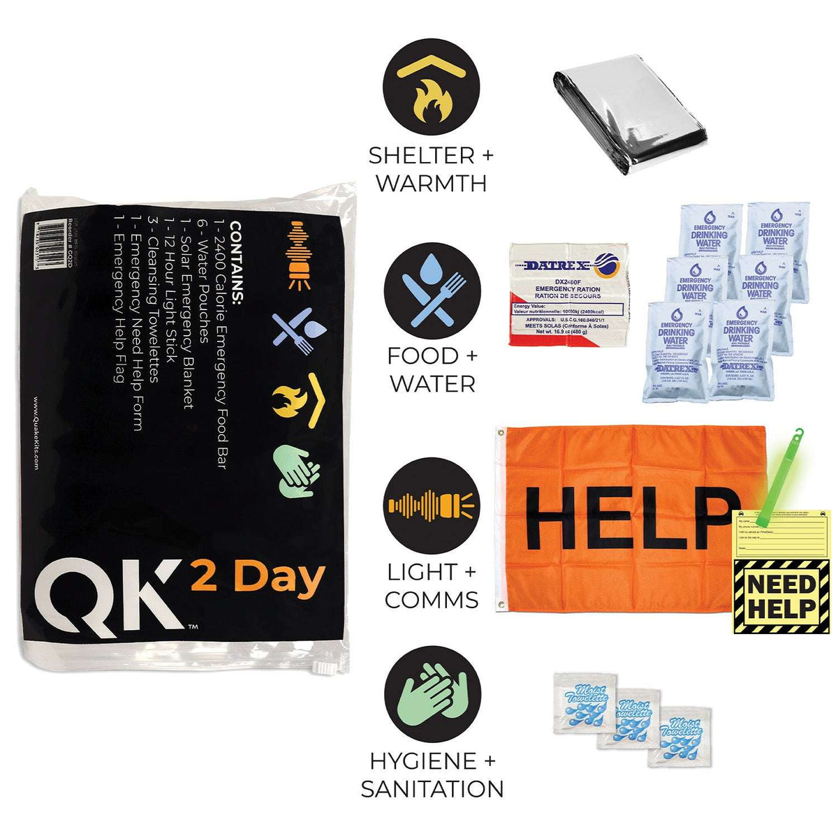 2-day emergency survival kit with HELP flag, water pouches, food bar, hygiene items