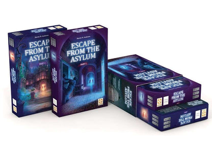 Cooperative horror board game boxes set, illustrated asylum artwork on box fronts