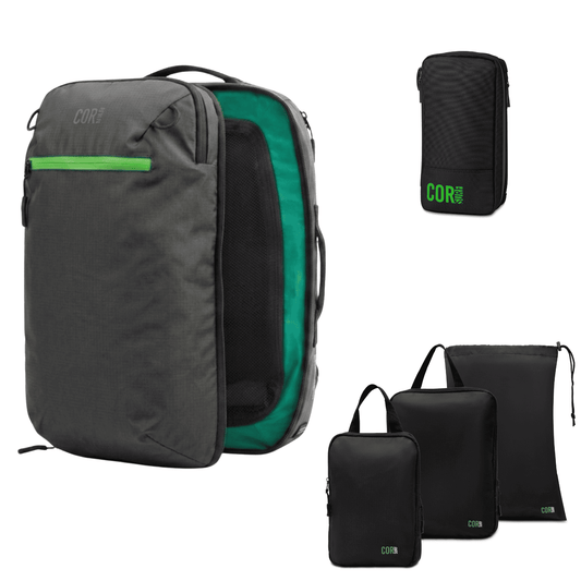 Black backpack with green lining, plus matching toiletry bag and packing cubes