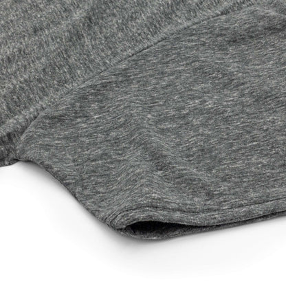 Graphite heather T-shirt sleeve and hem detail on white background