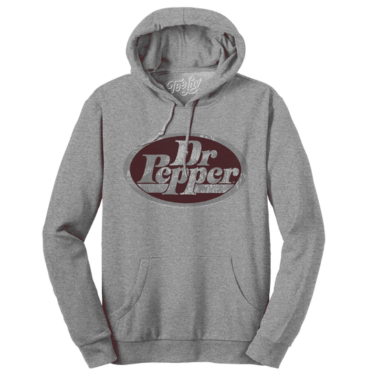Gray pullover hoodie with front Dr Pepper logo and kangaroo pocket, drawstring hood