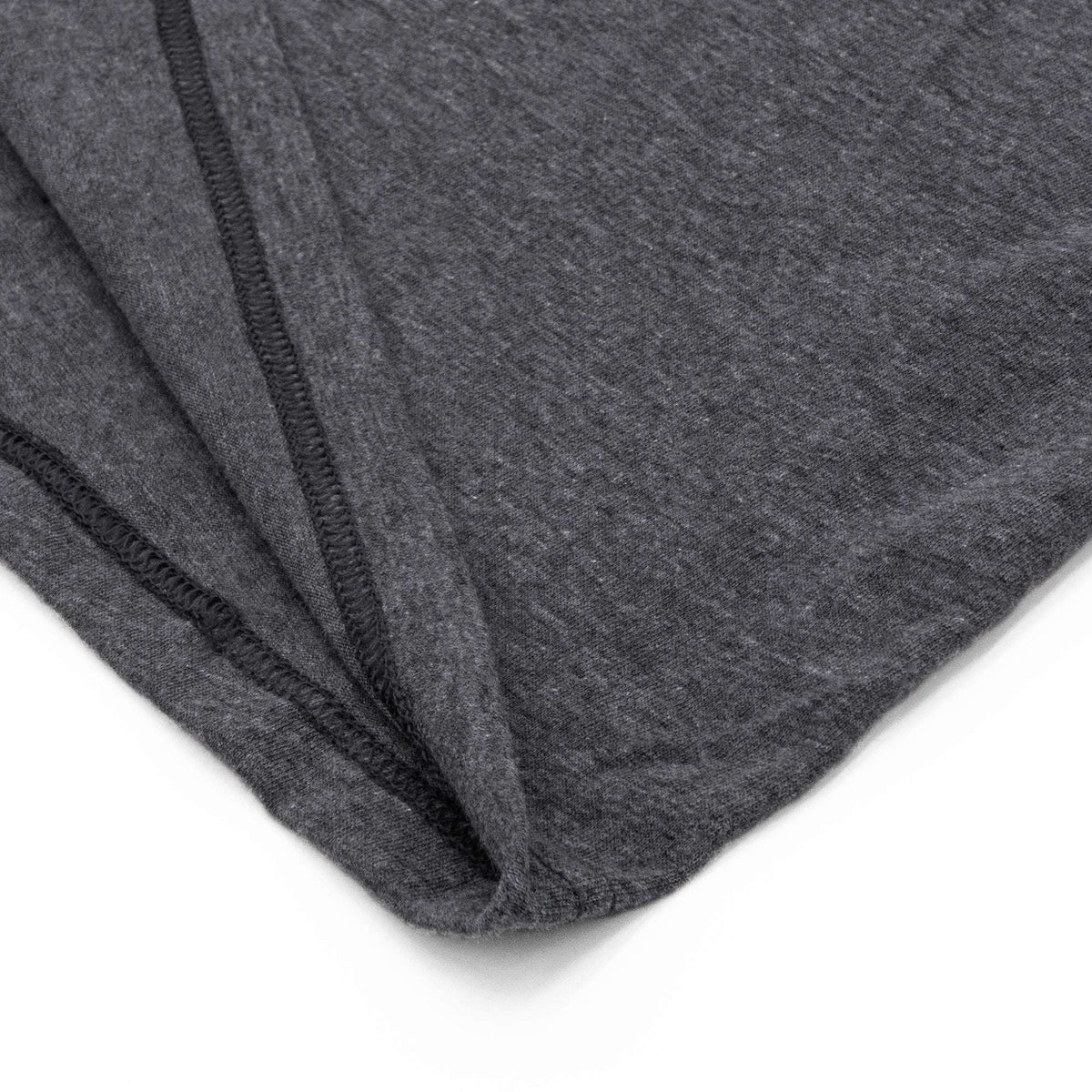 Gray T-shirt close-up of sleeve seam and double-stitched hem
