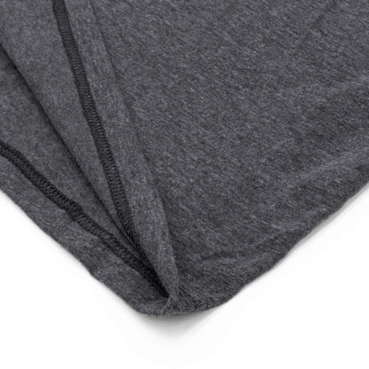 Gray T-shirt close-up of sleeve seam and double-stitched hem