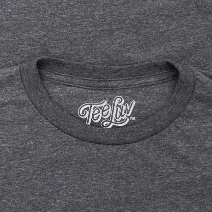 Gray crewneck T-shirt with white Tee Liv logo at collar