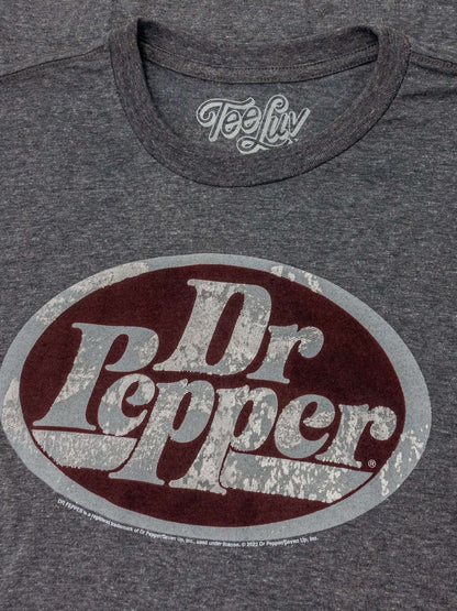 Gray T-shirt with close-up Dr Pepper oval logo print and Tee Liv neckline tag