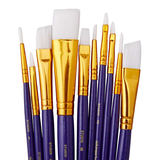 Nylon paint brush set with white bristles, gold ferrules, purple handles (10-piece)
