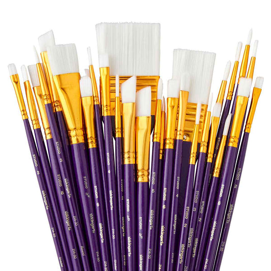 Assorted white nylon paint brushes with purple handles and gold ferrules
