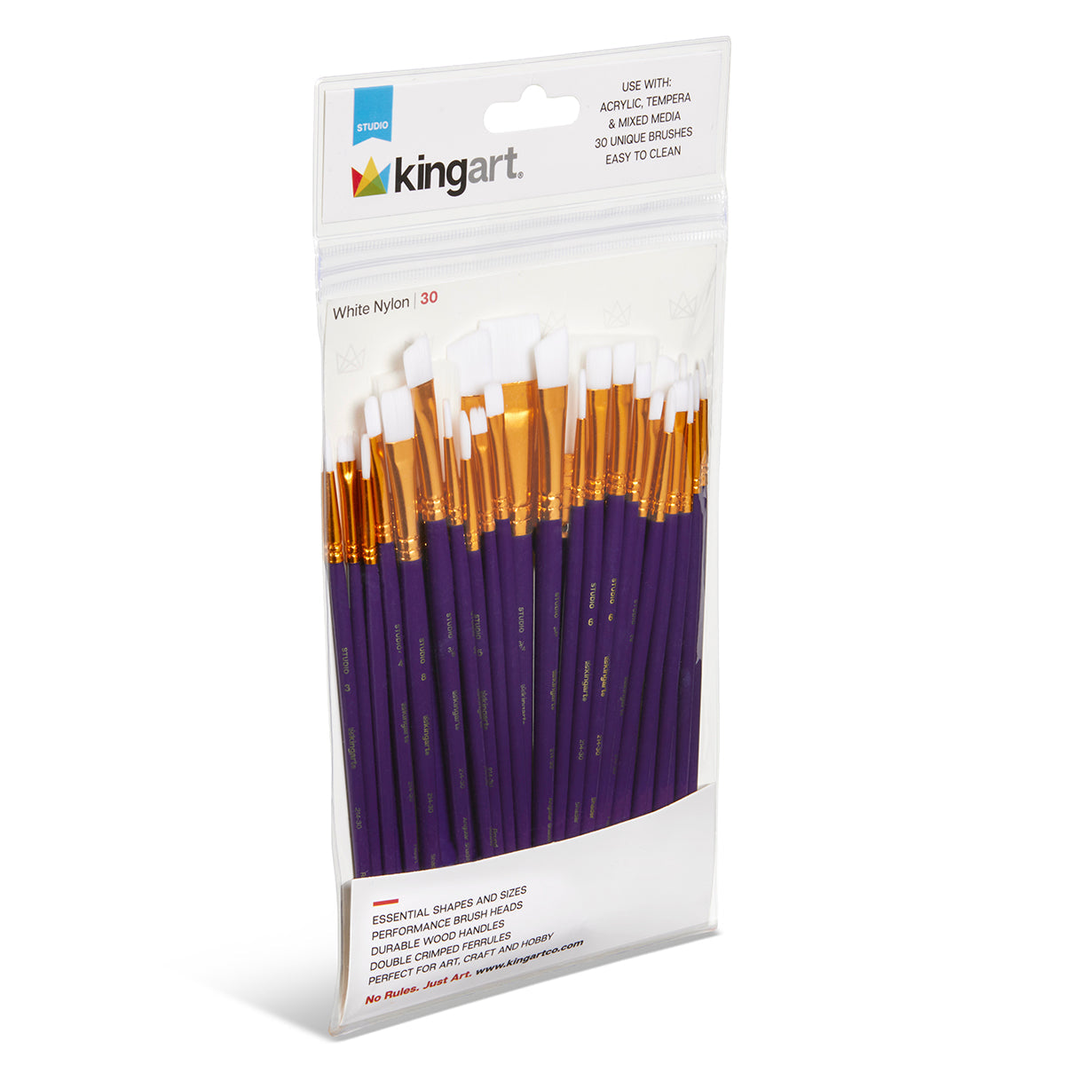 KINGART Studio White Nylon Paint Brush Set - 30 Piece