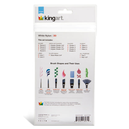 KINGART Studio White Nylon Paint Brush Set - 30 Piece