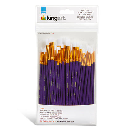 KINGART Studio White Nylon Paint Brush Set - 30 Piece