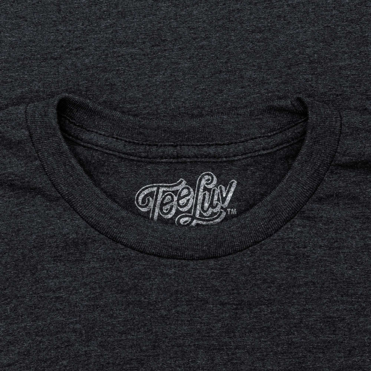 Charcoal gray crew-neck T-shirt with Teeluv neck logo.