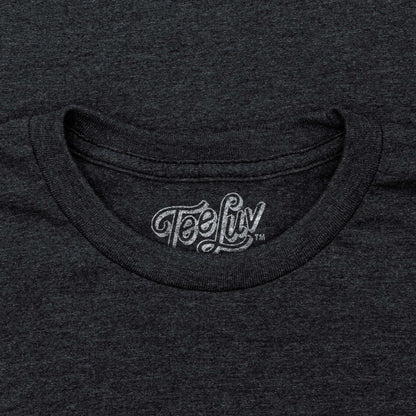 Charcoal gray crew-neck T-shirt with Teeluv neck logo.