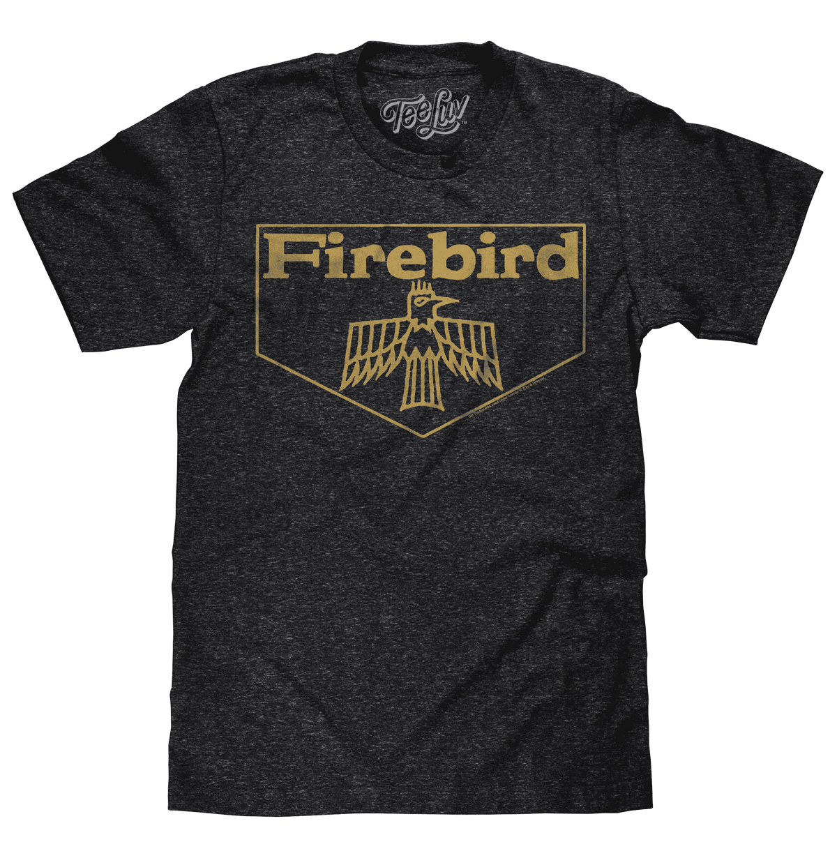 Charcoal gray T-shirt with Firebird graphic on chest.