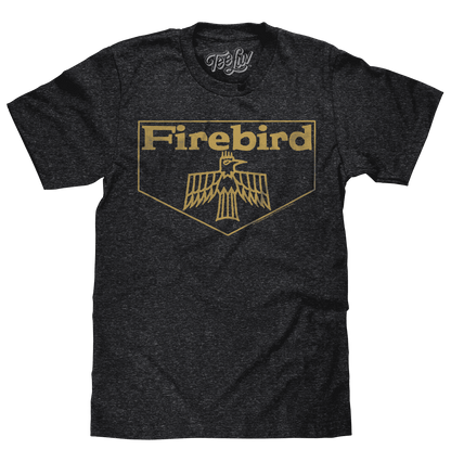 Charcoal gray T-shirt with Firebird graphic on chest.