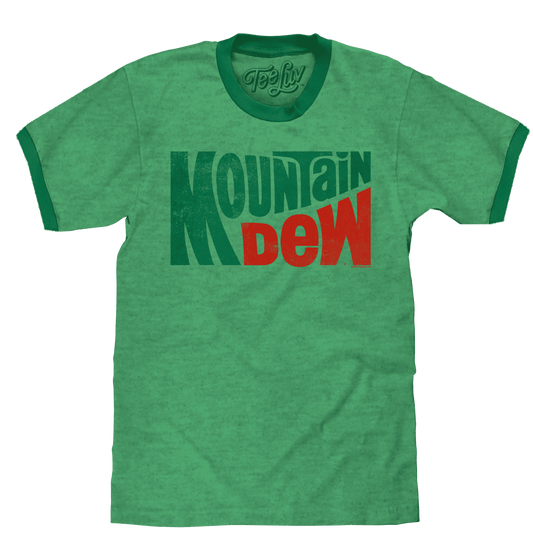 Kelly green ringer T-shirt with distressed Mountain Dew logo print