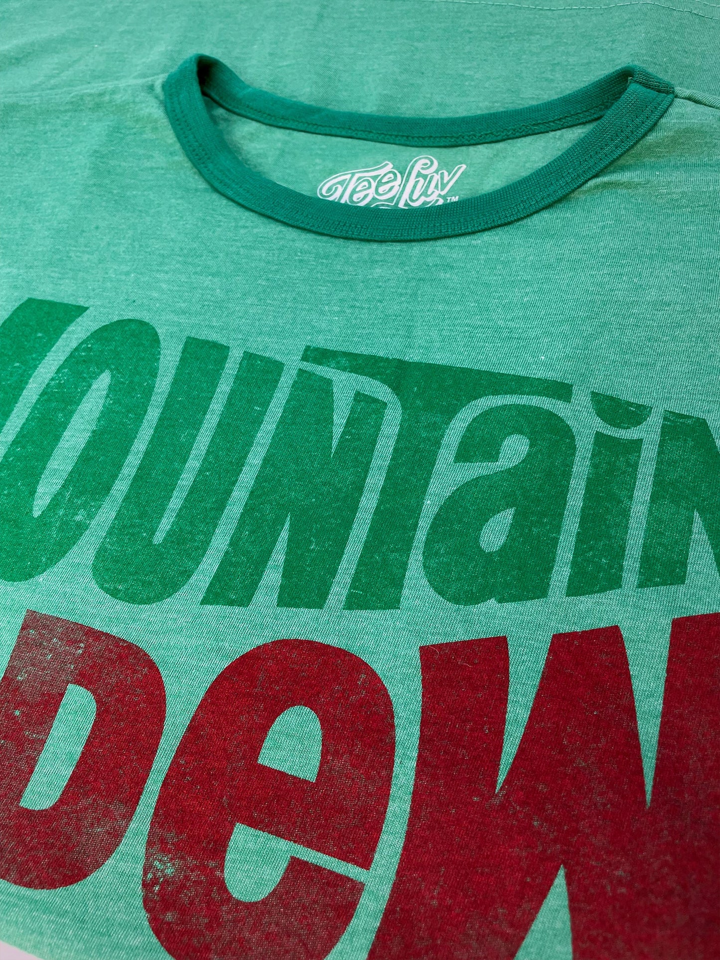 Mountain Dew Ringer T-Shirt | Distressed Vintage Logo | Kelly Green