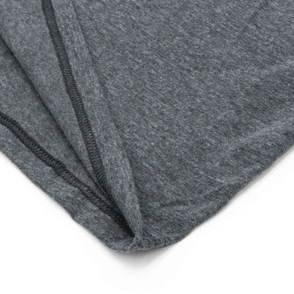 Heather gray T-shirt corner with stitched trim along the sleeve/side seam