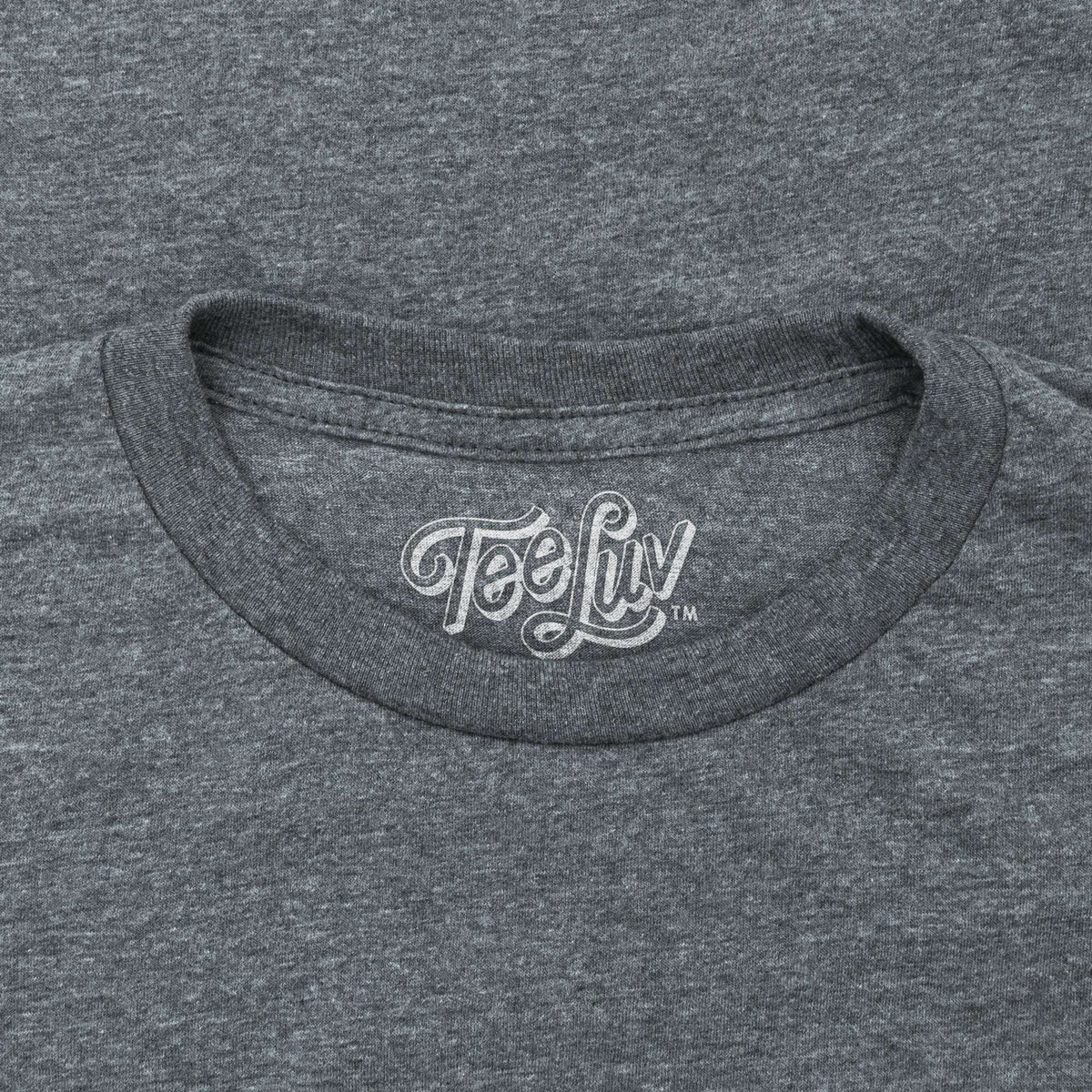 Heather gray T-shirt neckline with white Tee-Luv logo print