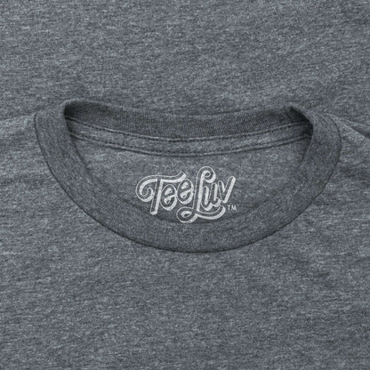 Heather gray T-shirt neckline with white Tee-Luv logo print