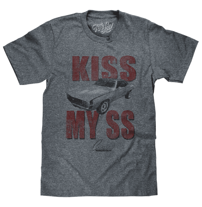 Heather gray T-shirt with red car graphic and text design reading "KISS MY SS"