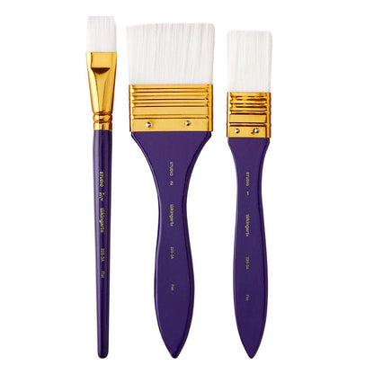 Three paint brushes with white nylon bristles and purple handles, gold ferrules