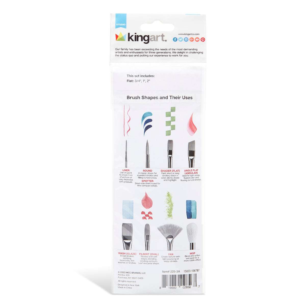 Back of brush set package showing brush shapes and uses chart