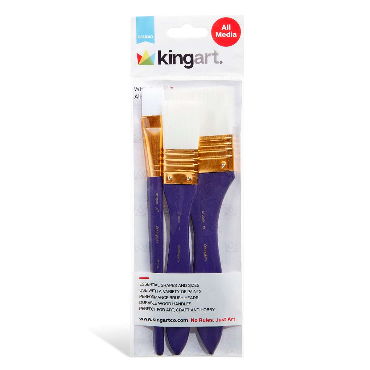 3-piece art brush set with white nylon bristles, purple handles, gold ferrules