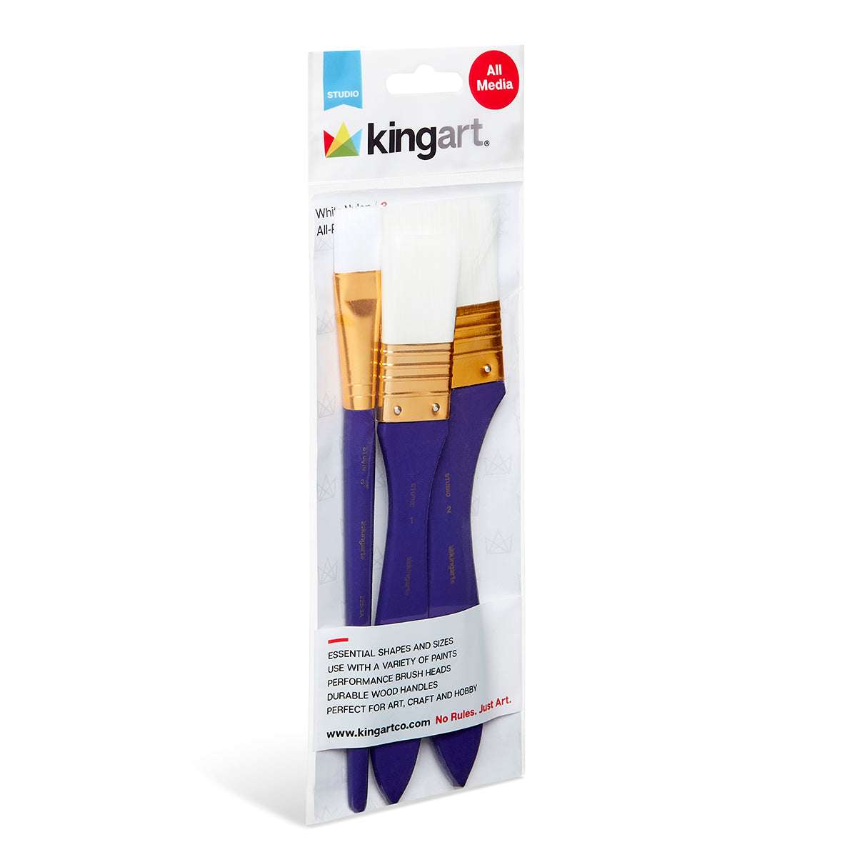 3-piece brush set in package, white nylon bristles with purple handles and gold tips