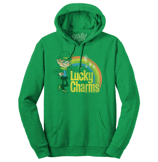 Kelly green pullover hoodie with front Lucky Charms leprechaun graphic