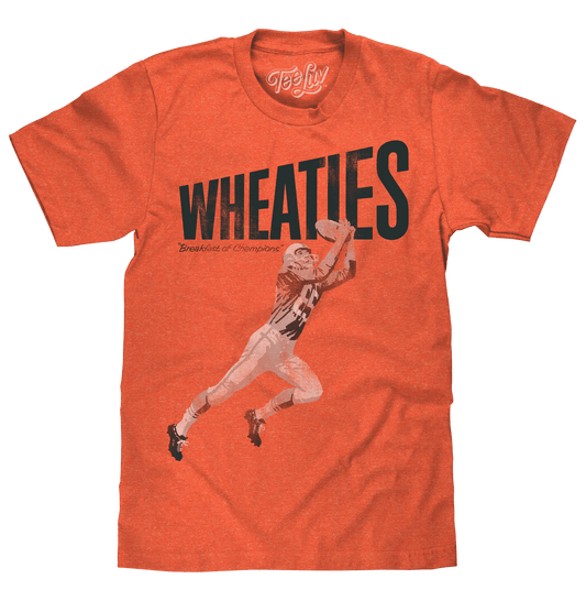 Orange Wheaties T-shirt with football player graphic and Wheaties wordmark