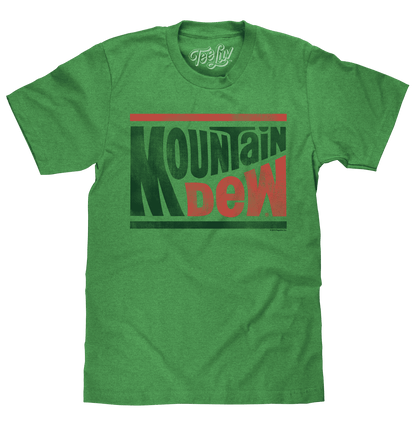 Green T-shirt with retro Mountain Dew logo front print