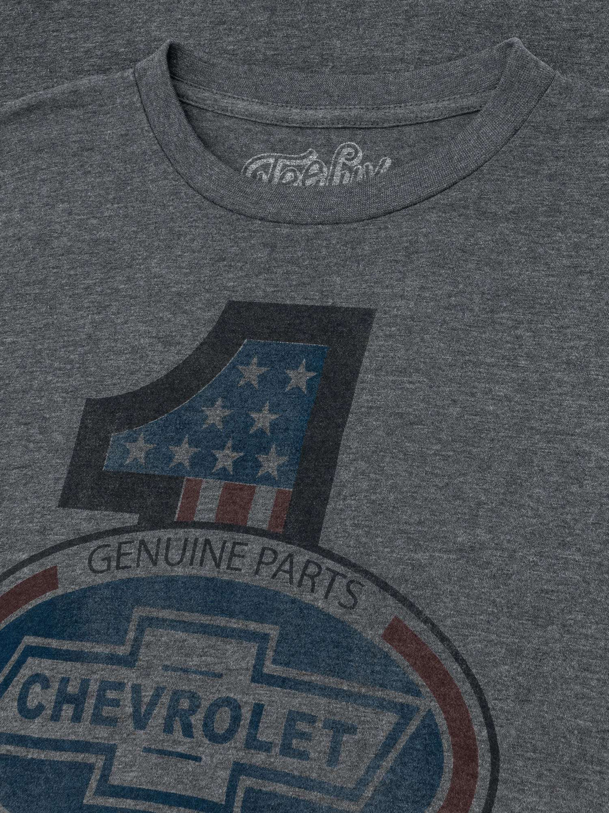 Gray T-shirt close-up of Chevrolet chest artwork and Genuine Parts text