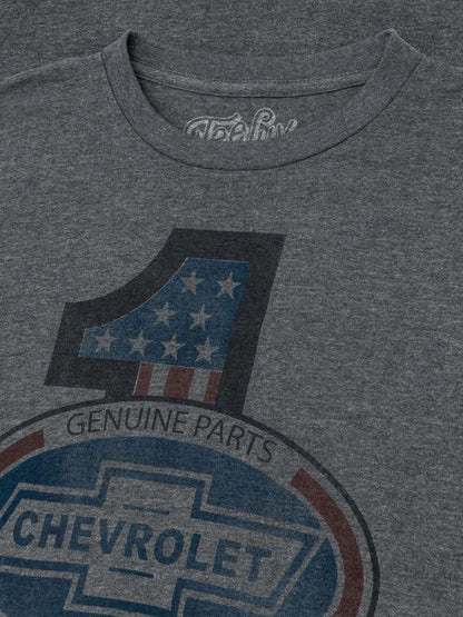 Gray T-shirt close-up of Chevrolet chest artwork and Genuine Parts text