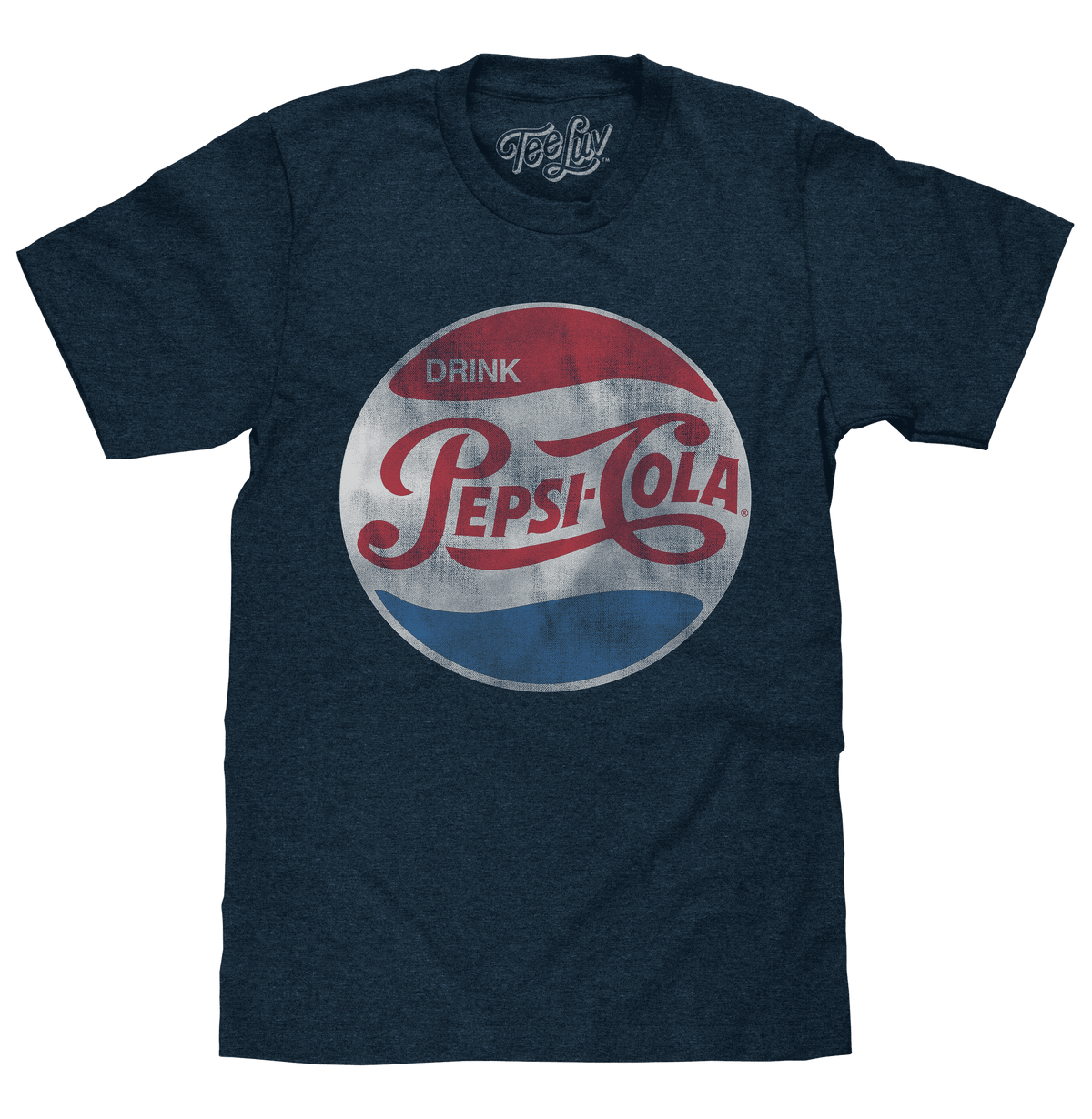 Navy crew-neck T-shirt with large retro Pepsi Cola graphic on chest