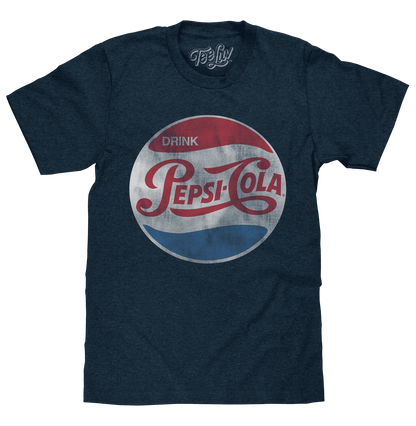 Navy crew-neck T-shirt with large retro Pepsi Cola graphic on chest