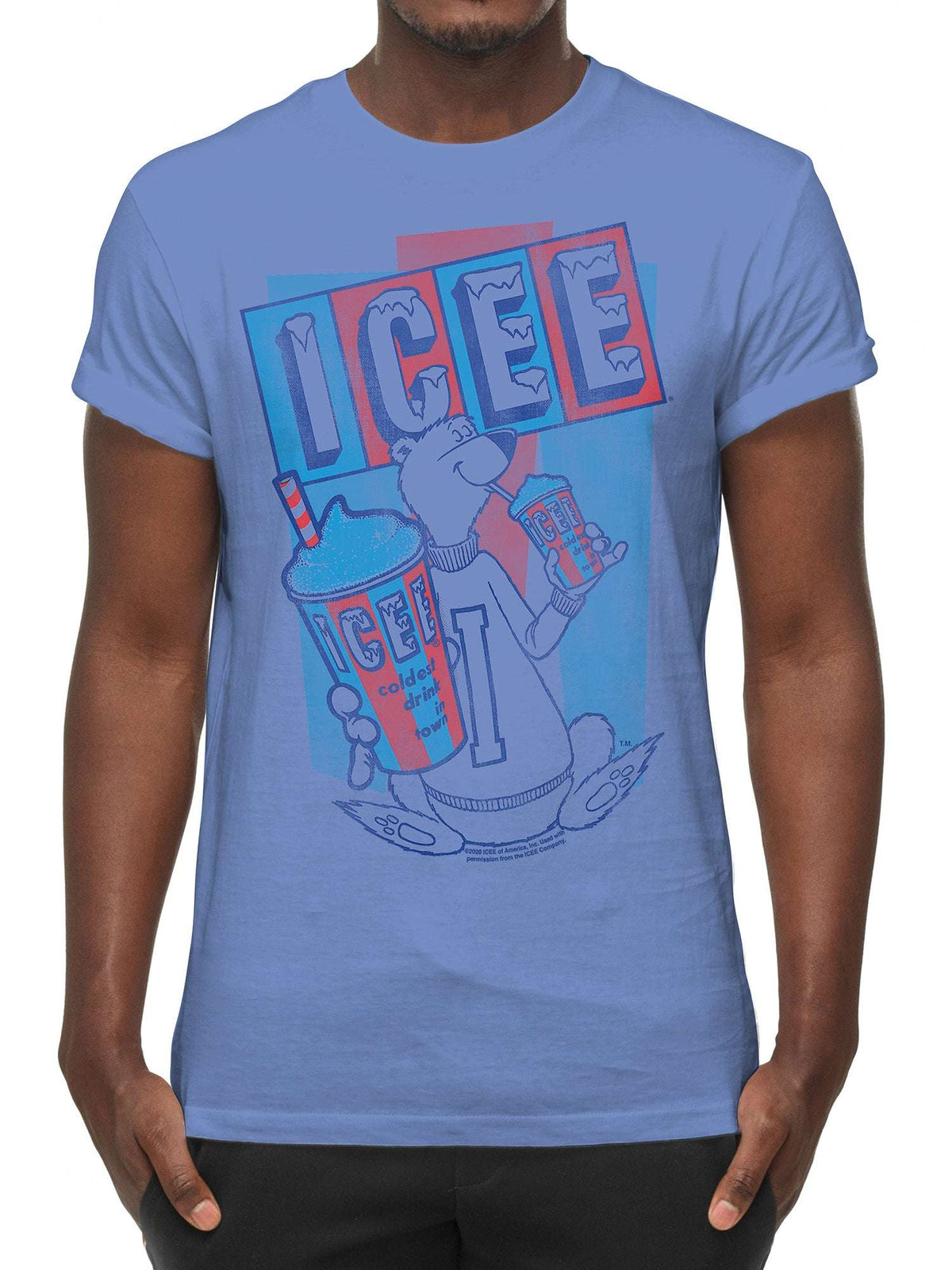 Light blue ICEE graphic T-shirt on model, crew neck and short sleeves