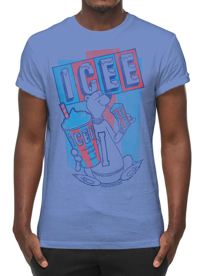 Light blue ICEE graphic T-shirt on model, crew neck and short sleeves