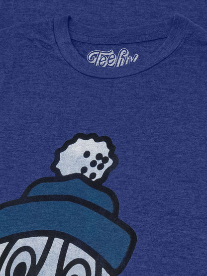 Blue heather T-shirt neckline with TeeLiv logo and partial dog graphic