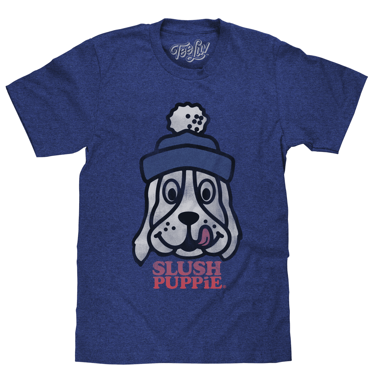 Blue heather T-shirt with Slush Puppie dog front graphic and logo text