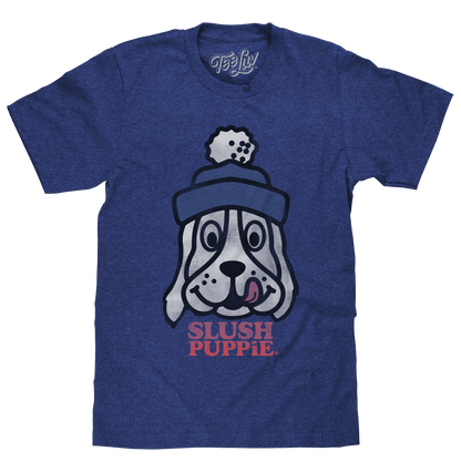 Blue heather T-shirt with Slush Puppie dog front graphic and logo text