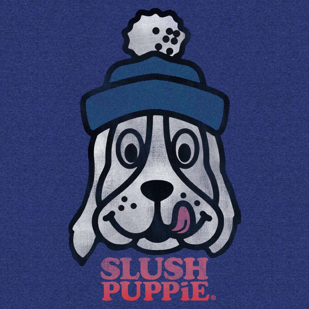 Blue heather T-shirt close-up of Slush Puppie dog character graphic