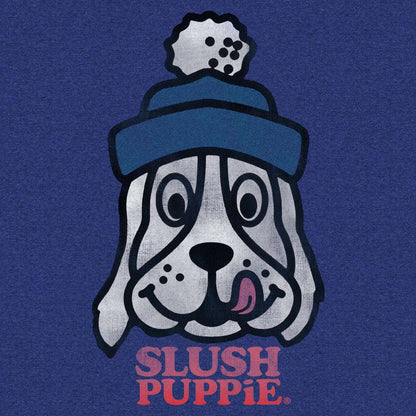 Blue heather T-shirt close-up of Slush Puppie dog character graphic