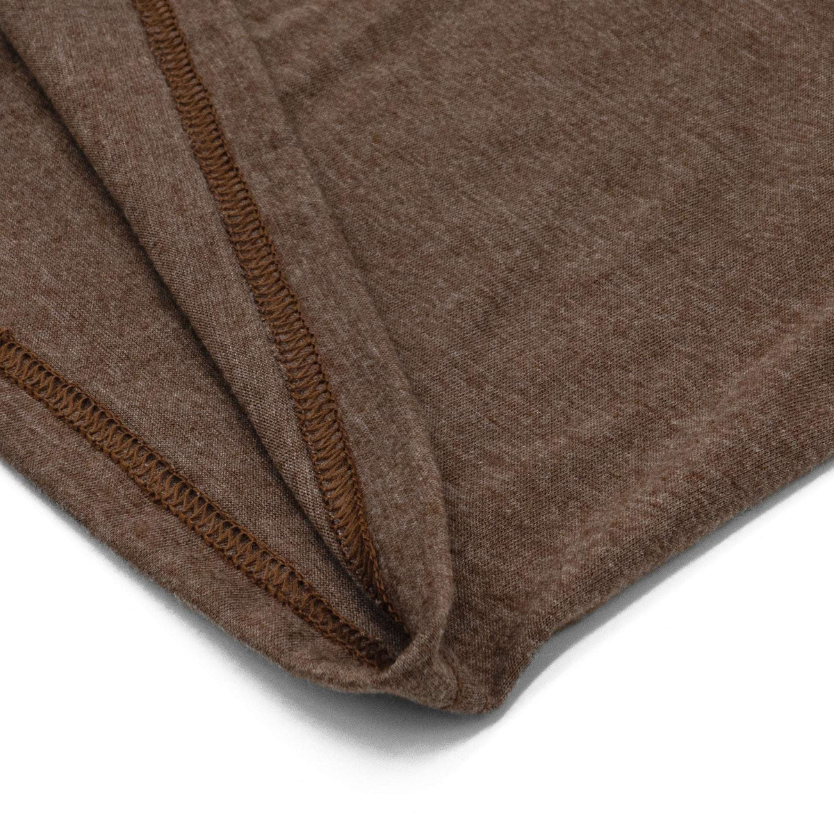 Brown T-shirt double-stitched side seam and hem texture