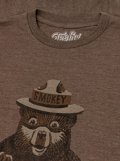 Brown T-shirt neckline and Smokey hat graphic detail on chest