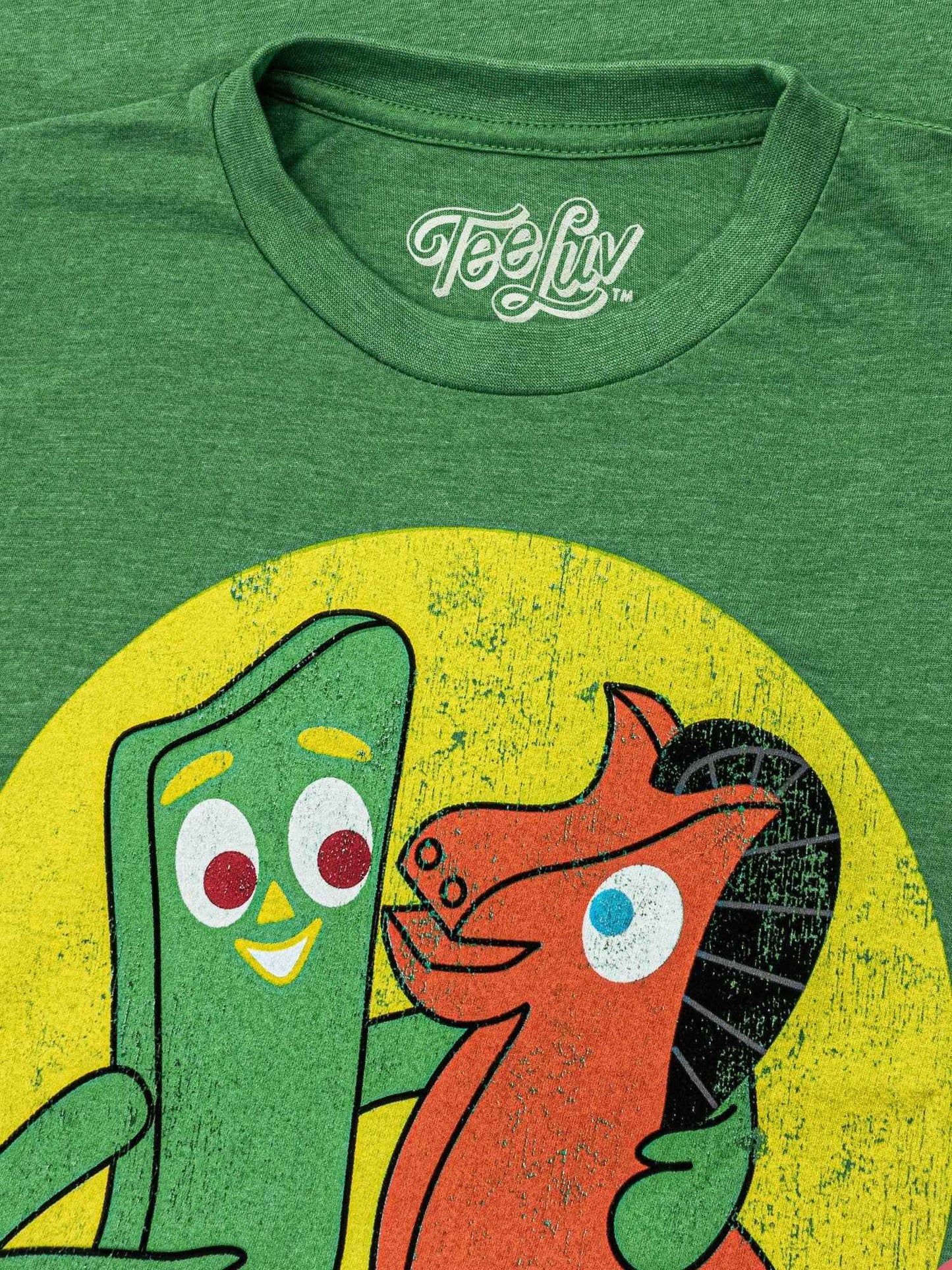 Gumby & Pokey T-Shirt | Distressed Classic Claymation Graphic | Green Heather | Poly-Cotton
