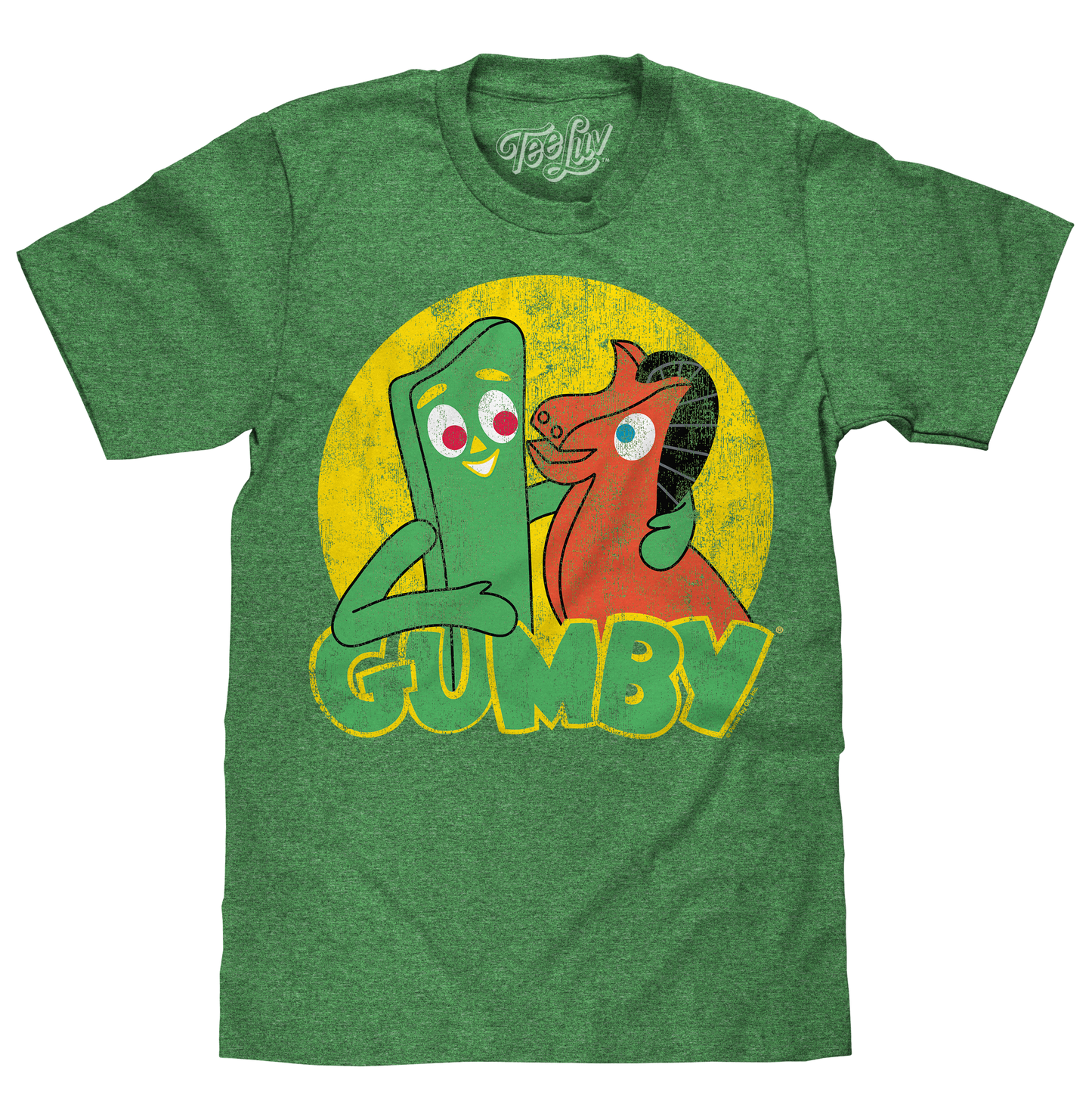 Gumby & Pokey T-Shirt | Distressed Classic Claymation Graphic | Green Heather | Poly-Cotton