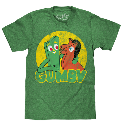 Gumby & Pokey T-Shirt | Distressed Classic Claymation Graphic | Green Heather | Poly-Cotton